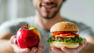 man holding an apple and a cheeseburger