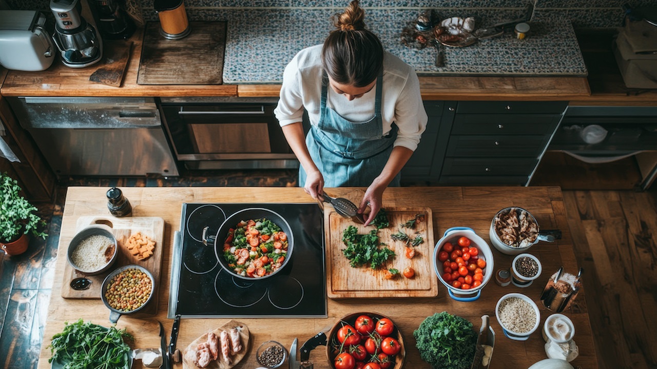 A bright kitchen where a person prepares a healthy meal, surrounded by fresh ingredients, symbolizing the connection between nutrition and mental health, promoting the importance of mindful eating