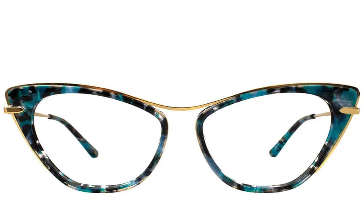 Where to Buy Stylish Glasses for a Round Face Shape Stylish cat-eye glasses with turquoise tortoise pattern for wellness visualization.