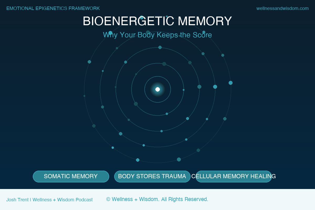 Bioenergetic Memory: Why Your Body Keeps the Score | Josh Trent | Wellness + Wisdom Bioenergetic memory infographic showing how the body stores trauma at the cellular level and the pathway to somatic memory healing by Josh Trent Wellness and Wisdom