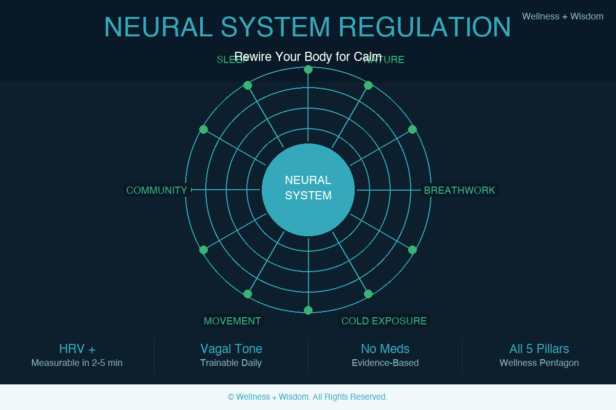 Neural System Regulation: How to Rewire Your Body for Calm Without Medication | Josh Trent | Wellness + Wisdom Neural system regulation infographic showing vagal tone exercises and breathwork techniques for calming the neural system naturally by Josh Trent Wellness and Wisdom