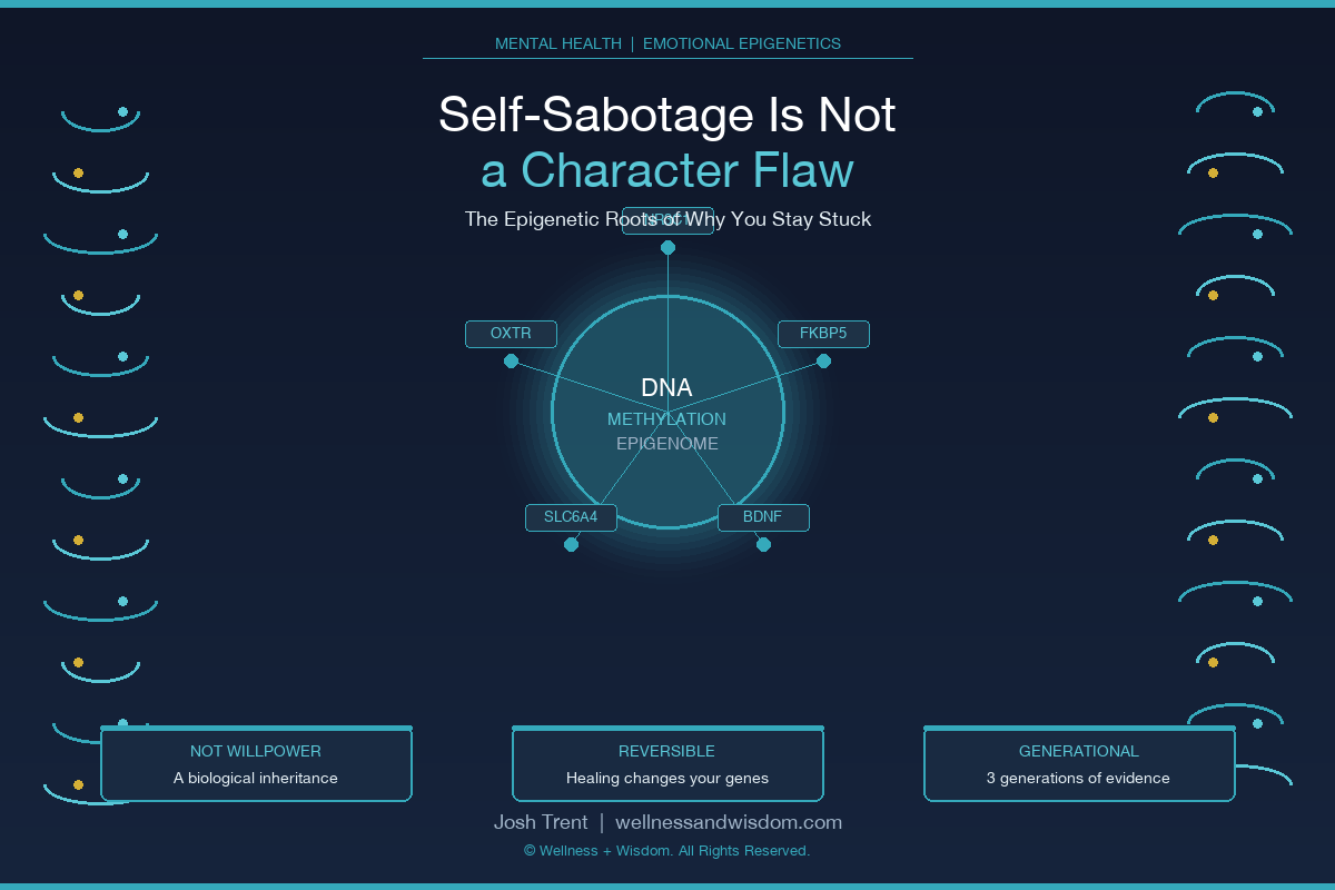 Self-Sabotage Epigenetics: The Biology of Why You Stay Stuck | Josh Trent | Wellness + Wisdom Self-sabotage epigenetics infographic showing the biological roots of self-defeating patterns and the joy-forward path to breaking the cycle by Josh Trent Wellness and Wisdom