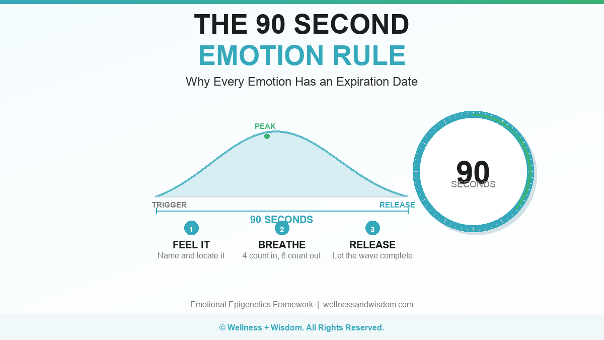 The 90 Second Emotion Rule by Josh Trent | Wellness + Wisdom The 90 second emotion rule shown as a rising and falling emotional wave with a countdown timer representing how emotions expire biologically by Josh Trent Wellness and Wisdom