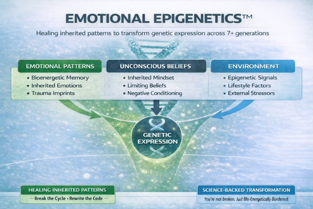 Emotional Epigenetics™ framework infographic by Josh Trent showing three pillars of emotional patterns, unconscious beliefs, and environment converging into genetic expression — Wellness and Wisdom