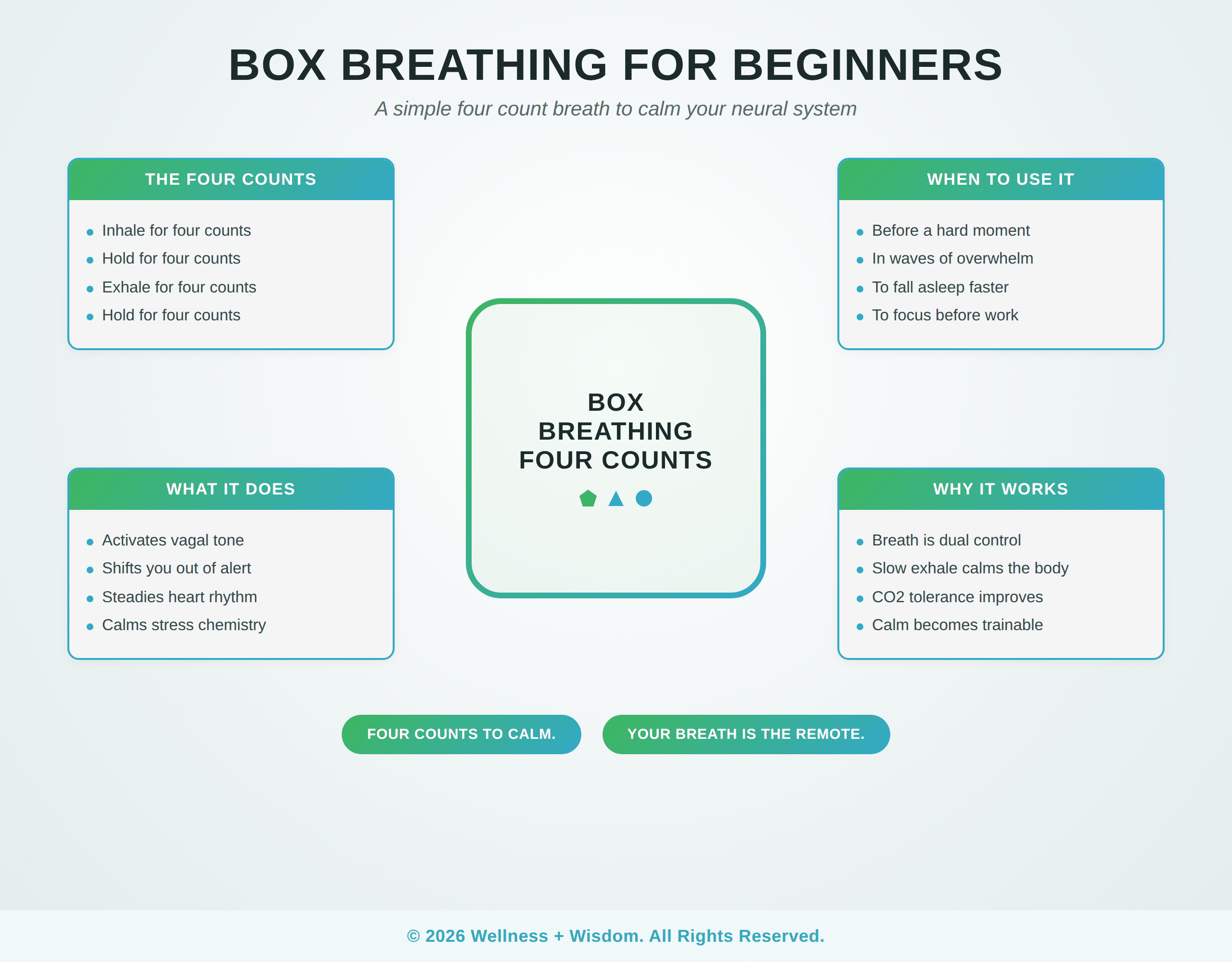 Box Breathing for Beginners by Josh Trent | Wellness + Wisdom Box breathing for beginners four quadrant infographic showing the four count breath, what it does for your neural system, and why it works, by Josh Trent Wellness and Wisdom