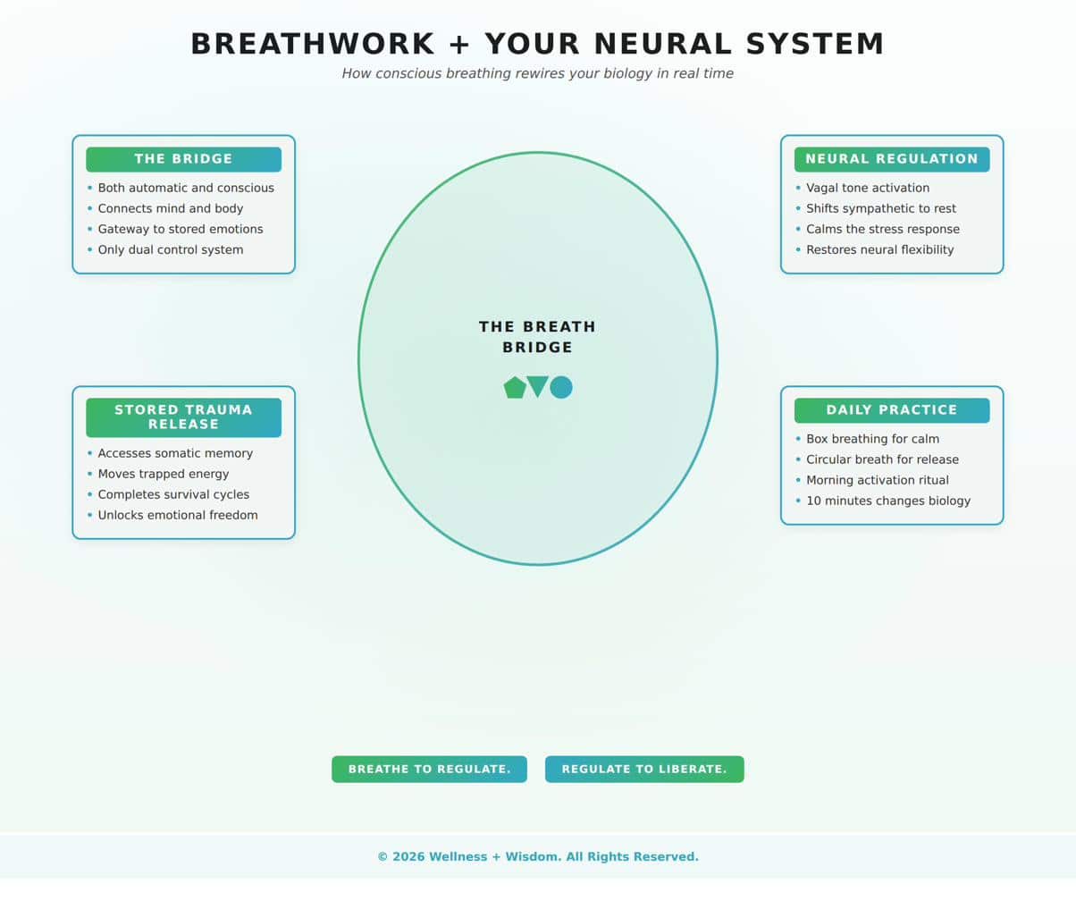 Breathwork and Your Neural System by Josh Trent | Wellness + Wisdom Breathwork and the neural system infographic showing how conscious breathing regulates the breathwork neural system by Josh Trent Wellness and Wisdom