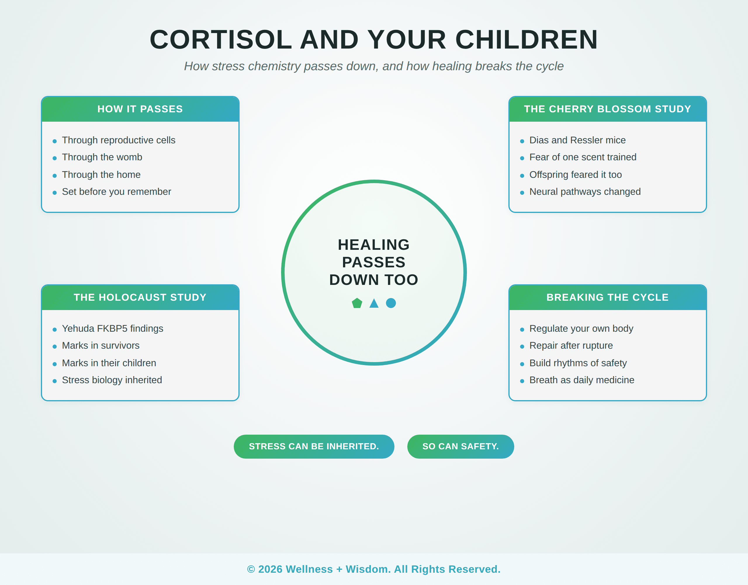 Cortisol Intergenerational Trauma by Josh Trent | Wellness + Wisdom Cortisol intergenerational trauma infographic showing how stress passes to offspring and how healing breaks the cycle by Josh Trent Wellness and Wisdom