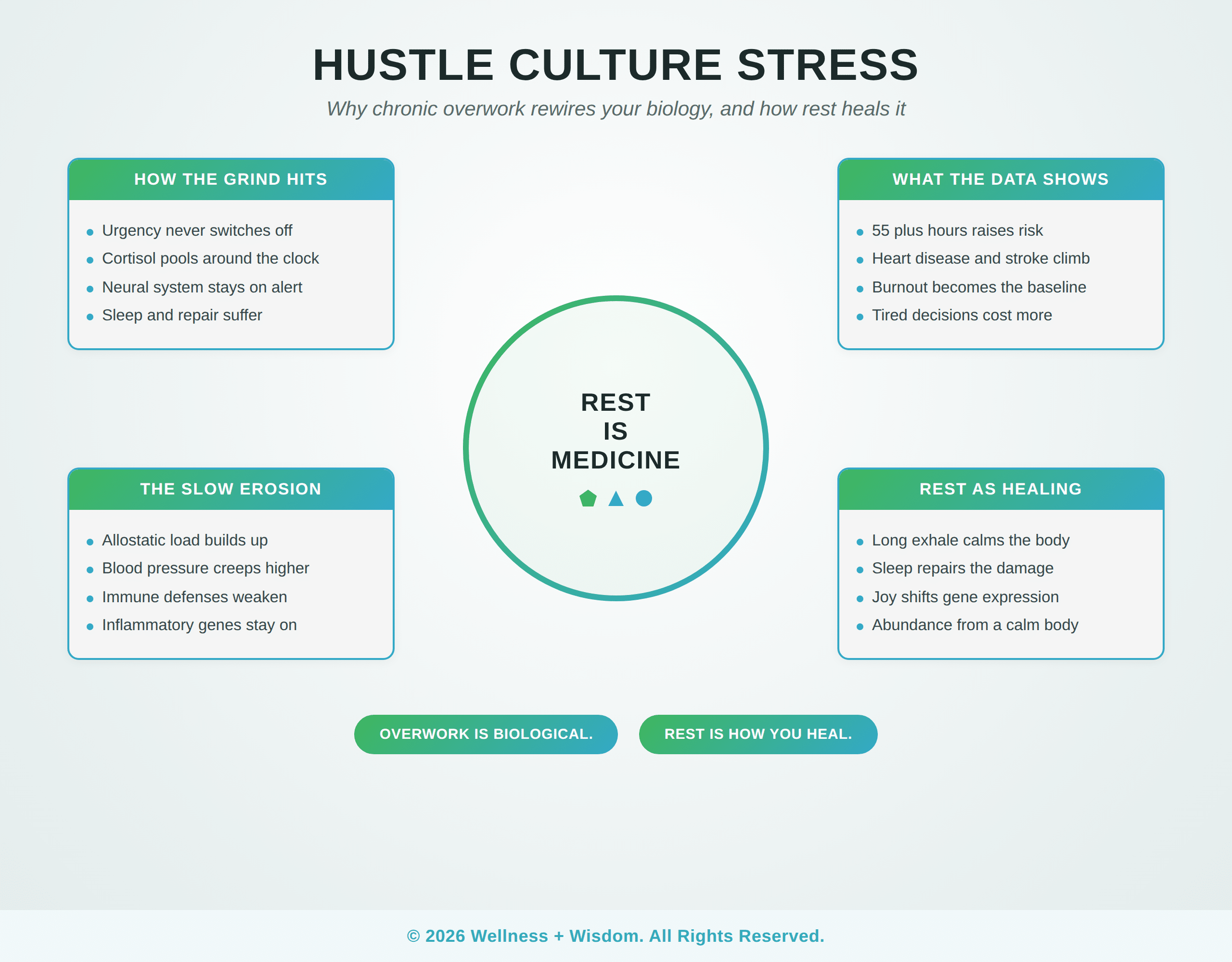 Hustle Culture Stress by Josh Trent | Wellness + Wisdom Hustle culture stress infographic showing how chronic overwork changes your biology and how rest heals it by Josh Trent Wellness and Wisdom