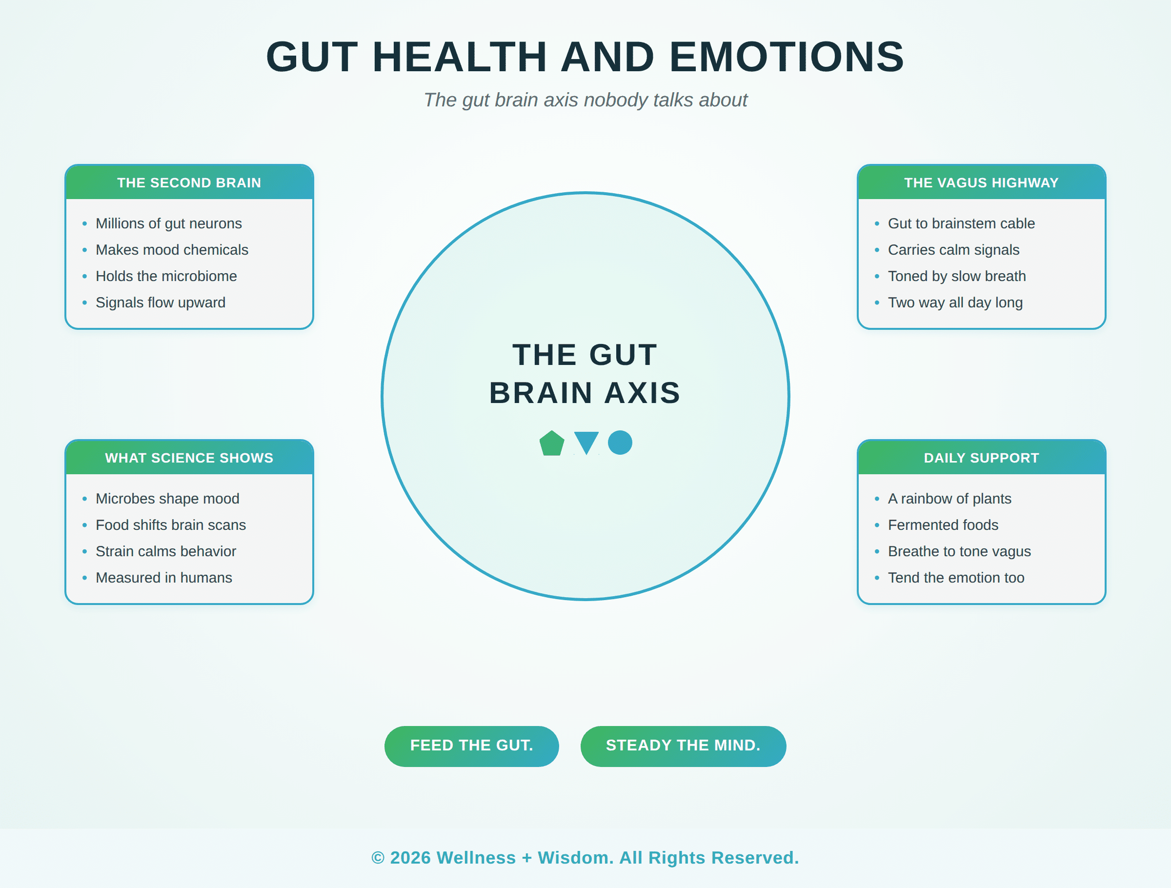 Gut Health Emotions by Josh Trent | Wellness + Wisdom Gut health emotions infographic showing the gut brain axis across the microbiome, the vagus highway, the science, and daily support, by Josh Trent Wellness and Wisdom