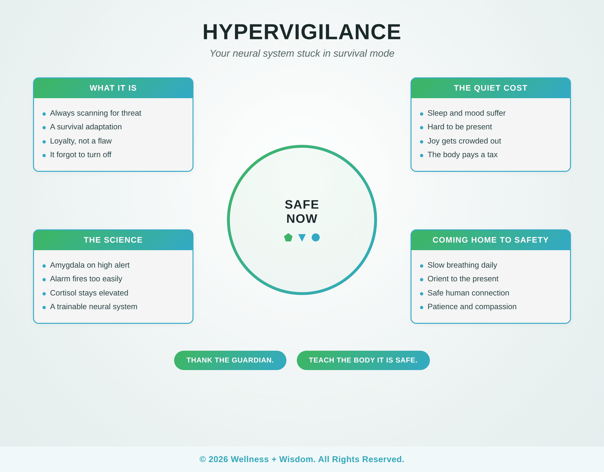 Hypervigilance by Josh Trent | Wellness + Wisdom Infographic on hypervigilance showing what it is, the science of a brain on alert, the cost, and how to teach the neural system safety, by Josh Trent Wellness and Wisdom