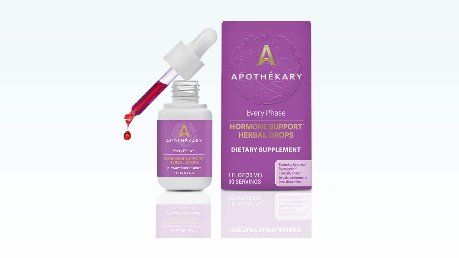 Apothékary Every Phase hormone support herbal drops bottle and box for daily wellness