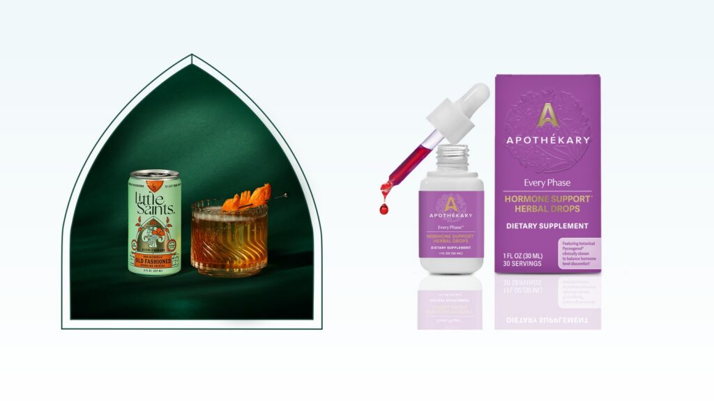 Little Saints non alcoholic Old Fashioned cocktail beside Apothékary Every Phase herbal drops for Sober October