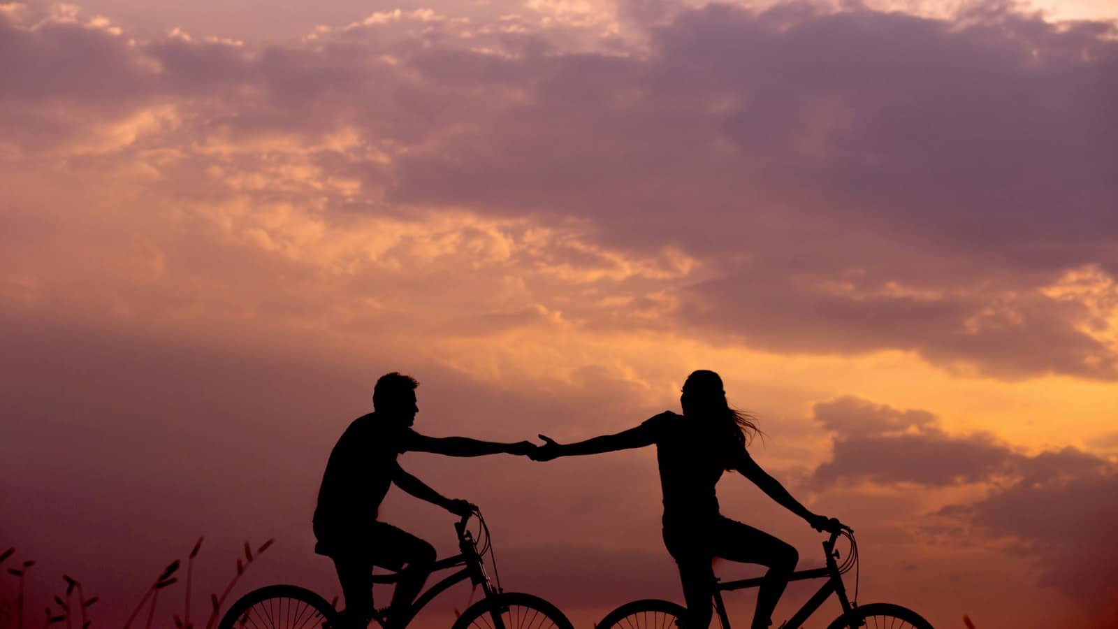 Couple on bicycles reaching to hold hands against a sunset sky, a warm image for how to handle conflict by Josh Trent Wellness and Wisdom